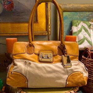 B. Makowsky Satchel Camel and Cream Handbag with Gold Tone Hardware